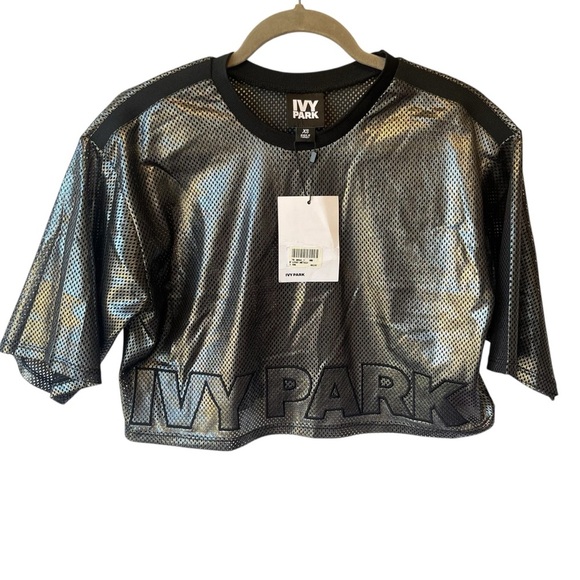 IVY PARK Tops - Ivy Park NWT Metallic mesh crop top XS Gunmetal silver black Womens T-shirt NEW